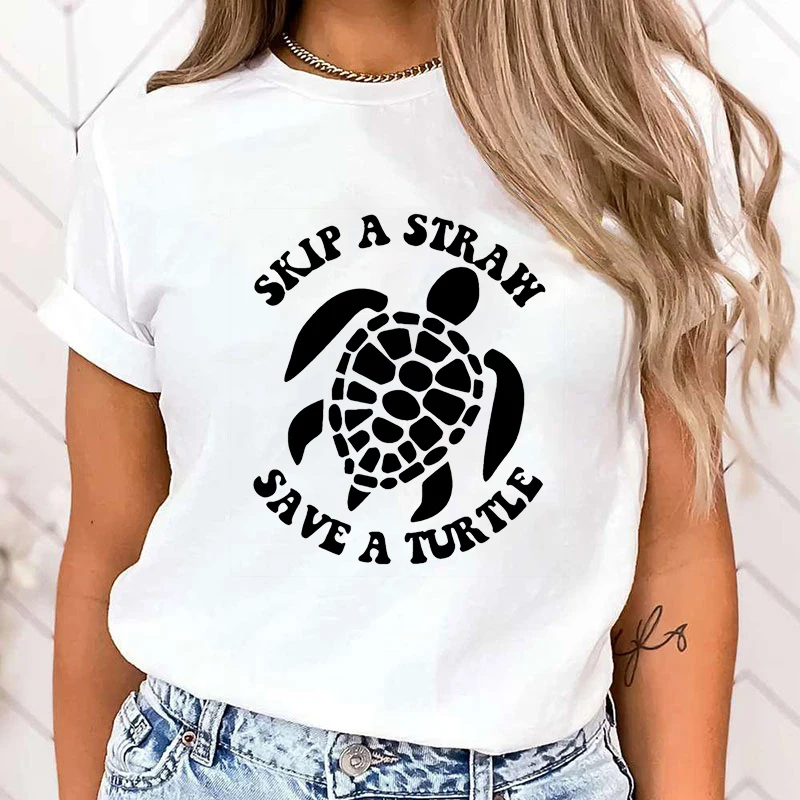 

(Premium T-shirt)Funny Protect The Ocean Skip A Straw Save A Turtle Print T-Shirt Women Loose Short Sleeve Round Neck Top