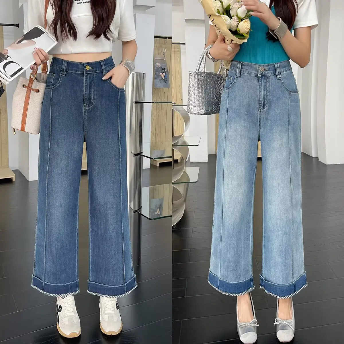 100KG Plus Size Women's Jeans Summer New Thin Stretch Denim Straight Leg Pants Casual Ankle Style Bottoms 8656