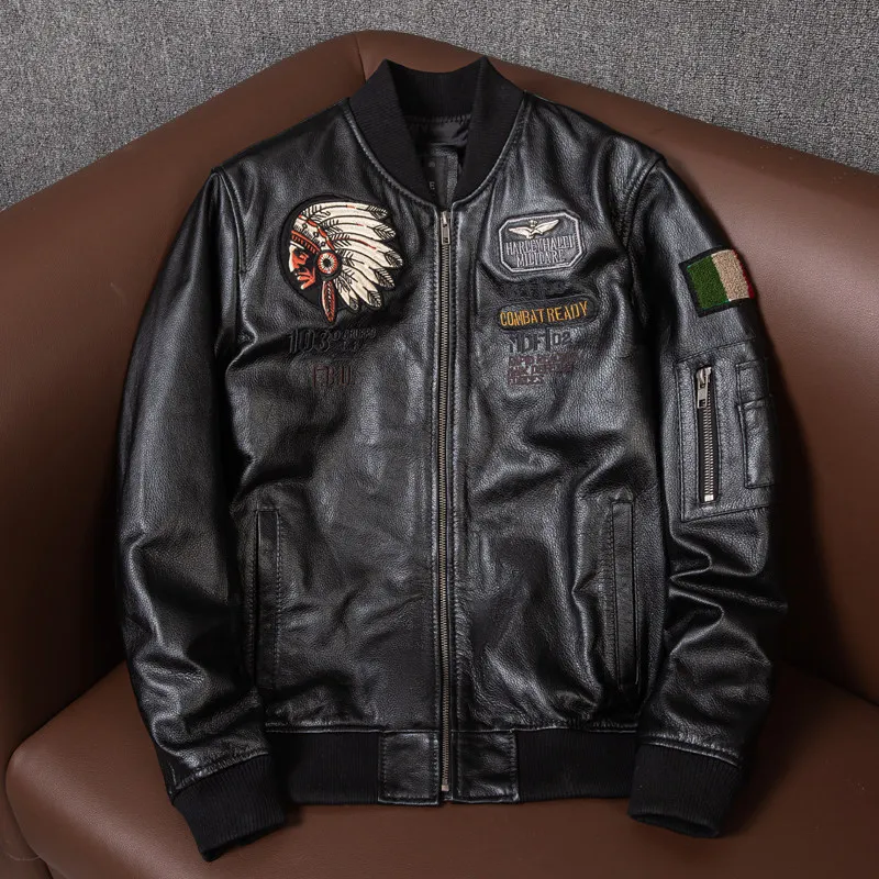 Chaqueta de cuero para hombre, estilo jersey de béisbol indio, de cuero vacuno de primera capa.