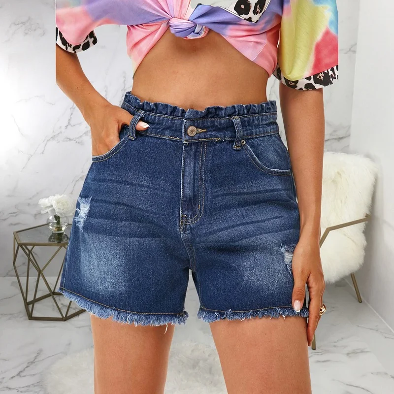 

Summer Women Tassel Denim Shorts Fashion All-match Ruffles High Waist Blue Ripped Shorts Female Sexy Slim Short Jeans Streetwear