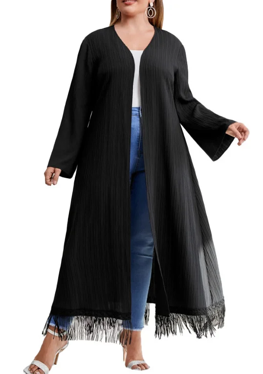Abaya for Women Spring 2023 Large Cardigan Coat Solid Textured Tassel Art Long Sleeve Temperature Cardigan Dubai Women Robe