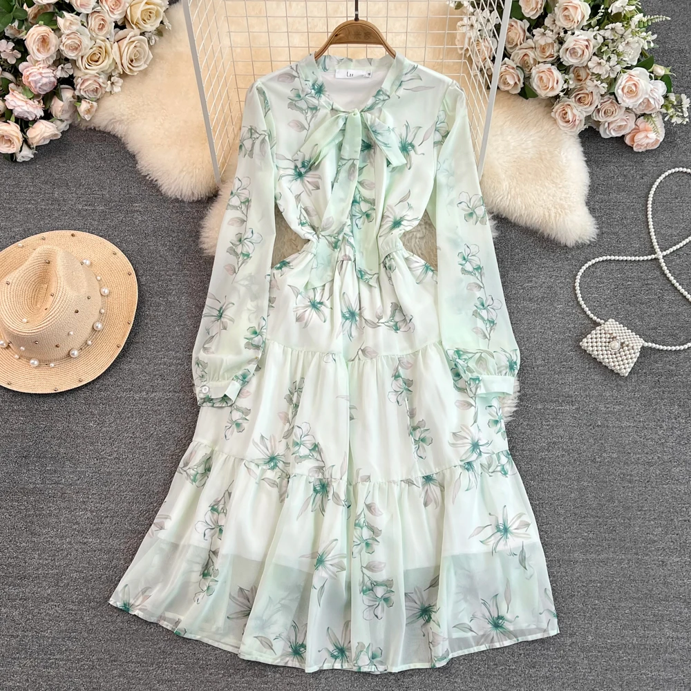 

Fashion Sweet Women Chiffon Floral Dress 2023 Spring Summer Bowknot Lace-Up Long Sleeve Skinny A-Line Mid Long Beach Dress
