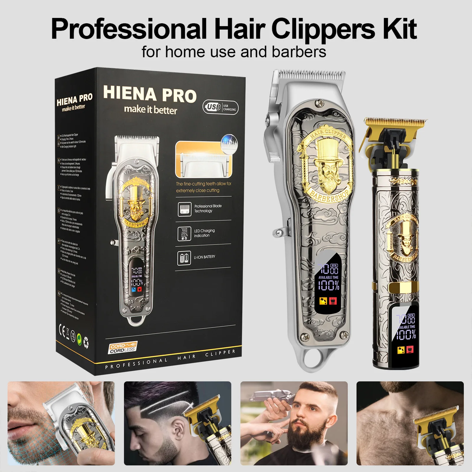 HIENA Vintage Relief Hair Clipper Set 2pcs Professional Men's Beard Hair Trimmer Portable Cordless Electric Hair Cutting Machine