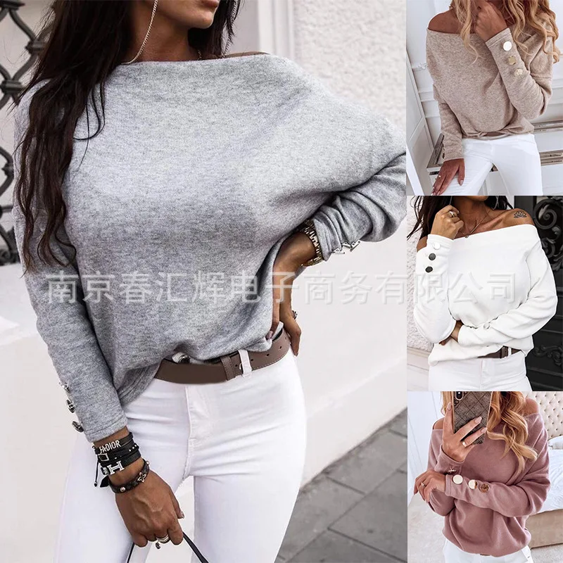 

Women New Autumn Woolen Fabric Off-Shoulder Top Knitting Solid Color Loose Fit Button Slash Neck Full Sleeve