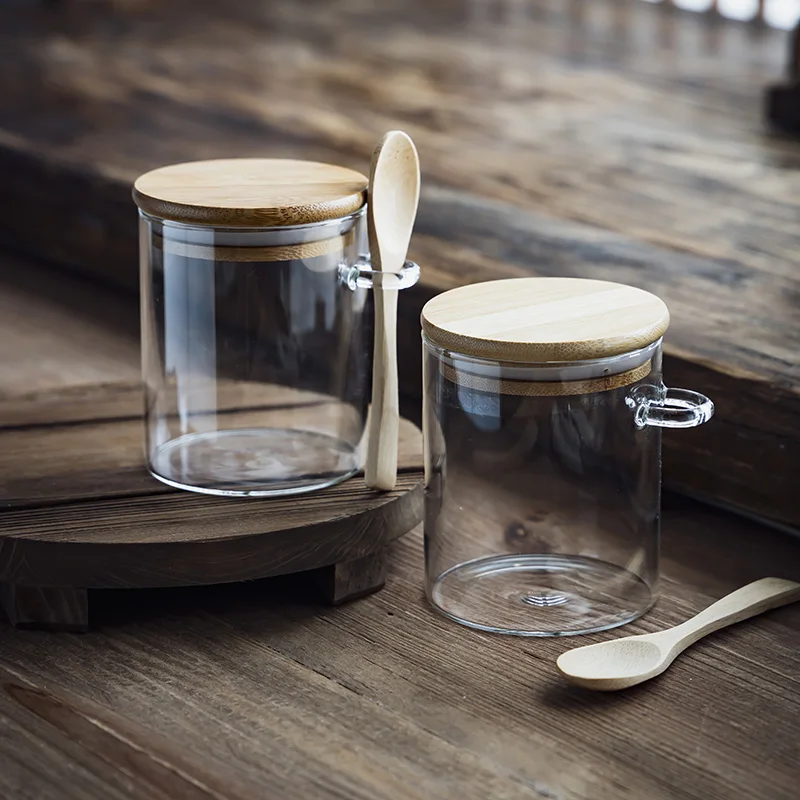1pc 600ml Sealed Glass Jar with Bamboo Wood Lid and Spoon Sugar Coffee Beans Cereals Jar Kitchen Food Container Pantry Organizer