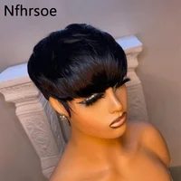 Perruque Bob Brésilienne Naturelle avec Frange, Cheveux Courts et Lisses, Coupe Pixie, Vierge, Pas Cher, pour Femme Africaine 4
