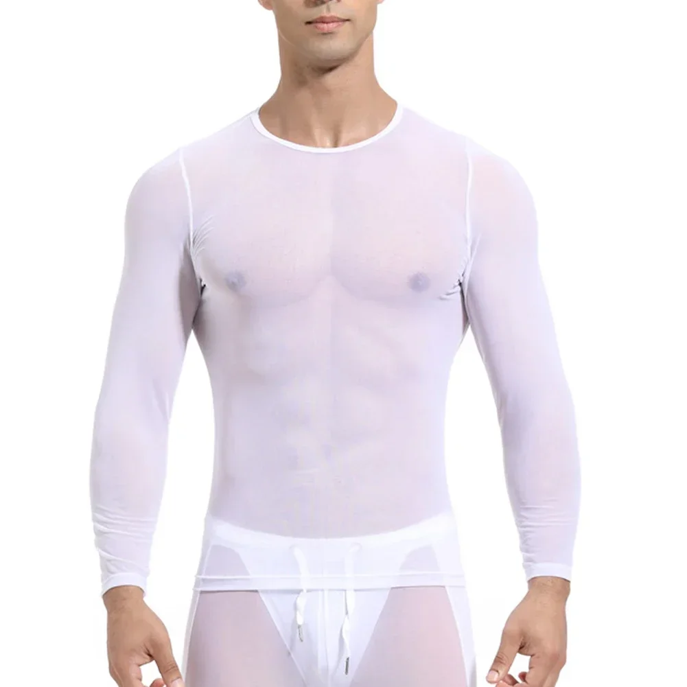 Men Mesh See Through Elastic Sport Tops Long Sleeve Top T-Shirt Sheer Tights Sexy Undershirt Fitness Muscle Gay Clothes Clubwear