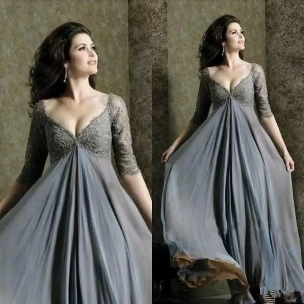

Elegant Lace Mother Of The Bride Dresses A-Line V-Neck Empire Waist Mother Of Groom Dress Floor-Length Chiffon Gowns Plus Size