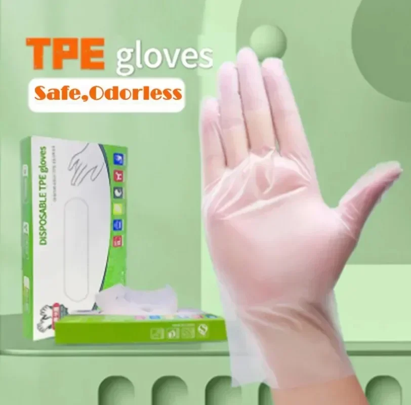 Gants jetables transparents en TPE, vue de dessus montrant la texture fine.