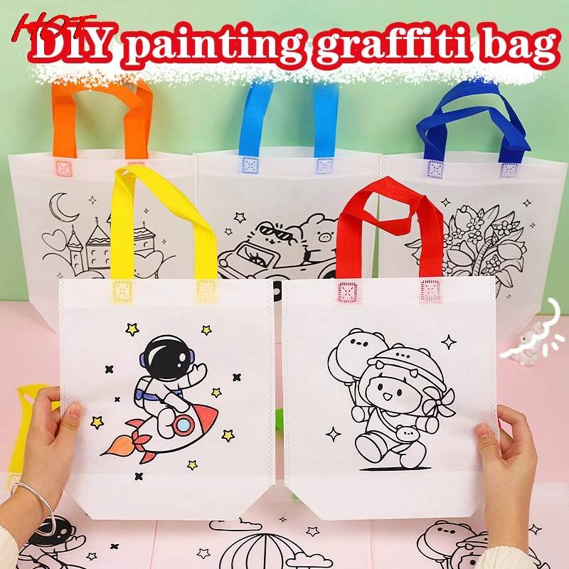 

Cartoon Graffiti Bag With Coloring Markers Handmade Painting Non-Woven Bags For Children Arts Crafts Color Filling Shopping Bag