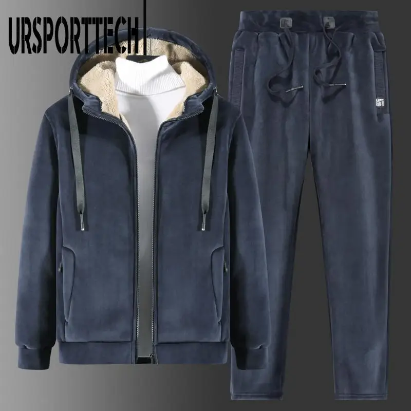 

Кашемировый костюм, зимний мужской спортивный костюм, Флисовая теплая толстовка с капюшоном, штаны, одежда для мужчин, повседневный мужской комплект с капюшоном, размера плюс, Бархатный комплект из 2 предметов