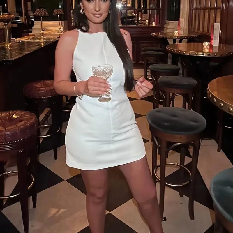 TRAF New White Black Dress Women Off Shoulder Halter Short Dresses Summer Elegant Party Dresses Bodycon Red Blue Mini Dress 3