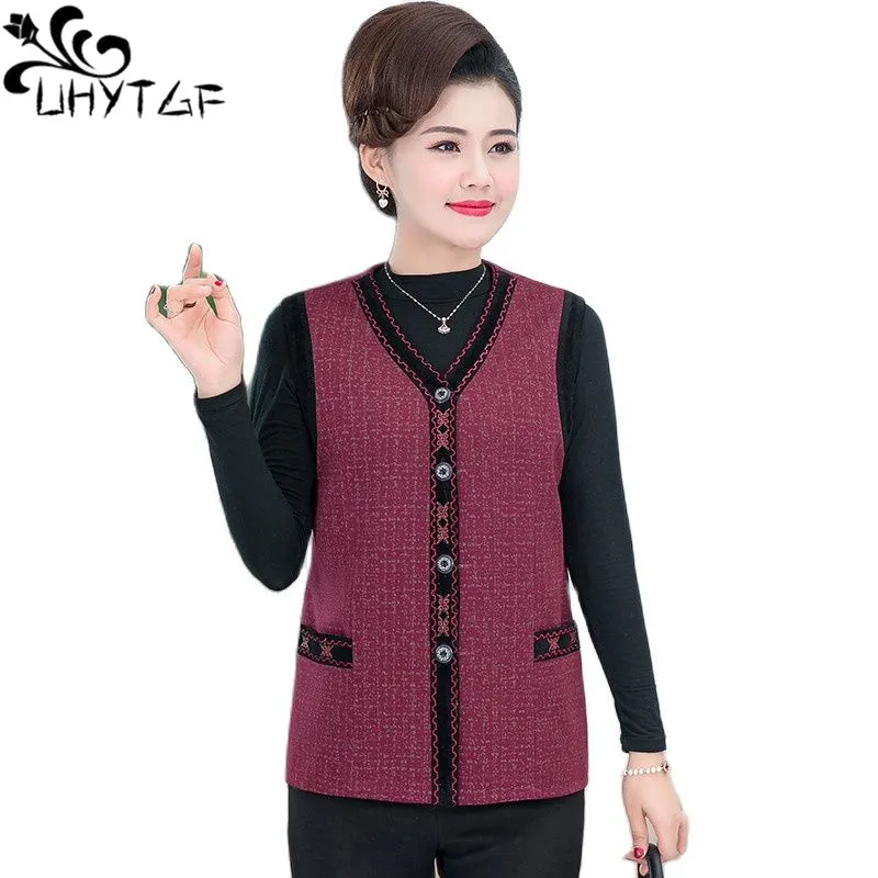 UHYTGF Spring Autumn Vests Jacket Womens Single Breasted 5XL Large Size Coat Female V-Neck Casual Thin Waistcoat Vest Femme 1925