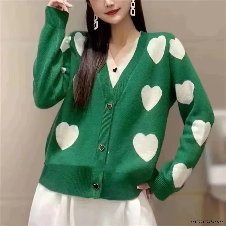 

Fashion Embroidery Knitted Sweater Women Cropped Cardigan Autumn Winter V-Neck Sweet Heart Hit Color Long Sleeve Crop Tops