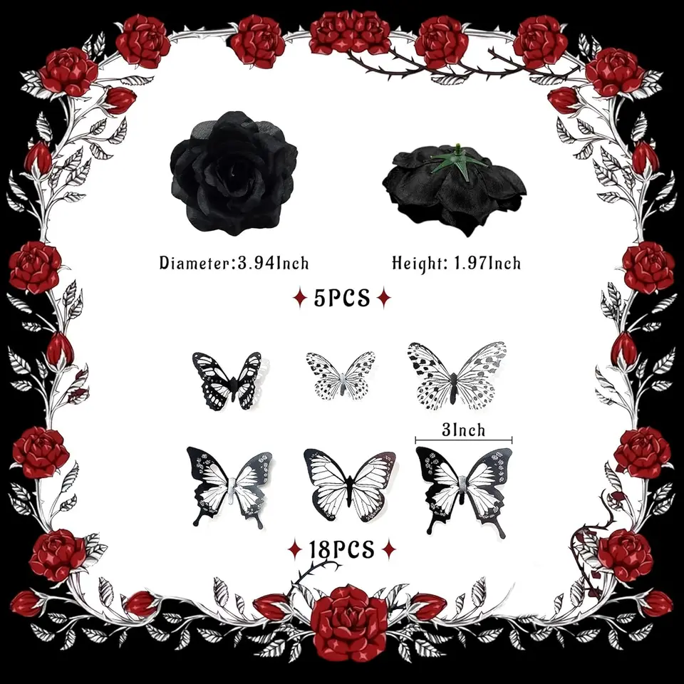 TSVATE Decorazioni Per Torte Nere Gotiche – 26 Pezzi Con Teschi, Rose Rosse, Farfalle E Pipistrelli Per Compleanno Horror O Halloween