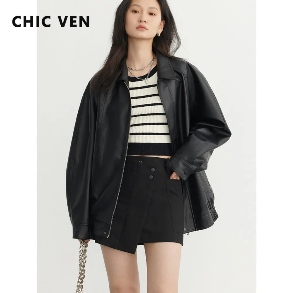 

CHIC VEN Women's PU Jacket New Loose Motorcycle Overcoat Female Outerwears Ladies Clothing Spring Autumn 2023