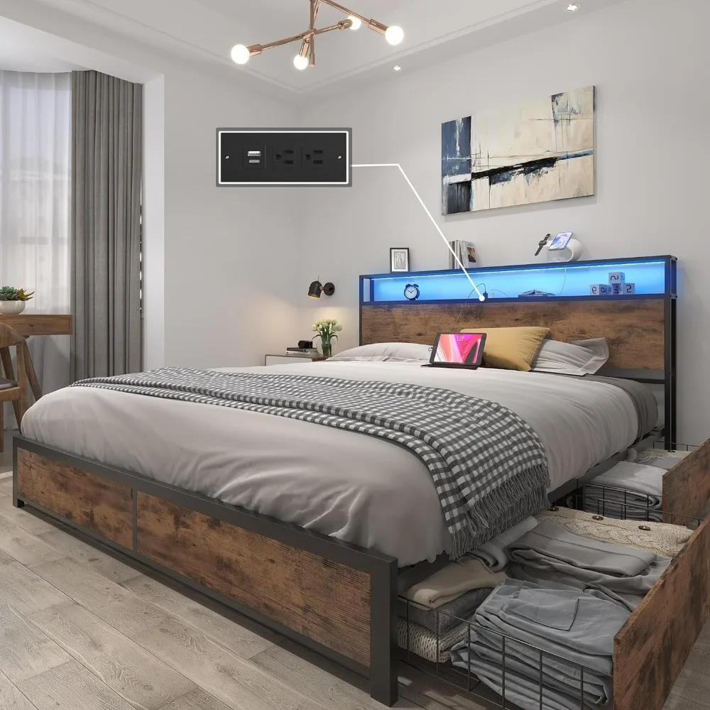 

Кровать для спальни, большая рама для кровати с 2-уровневым изголовьем, металлическая платформа для кровати с 4 ящиками для хранения, современная кровать для спальни