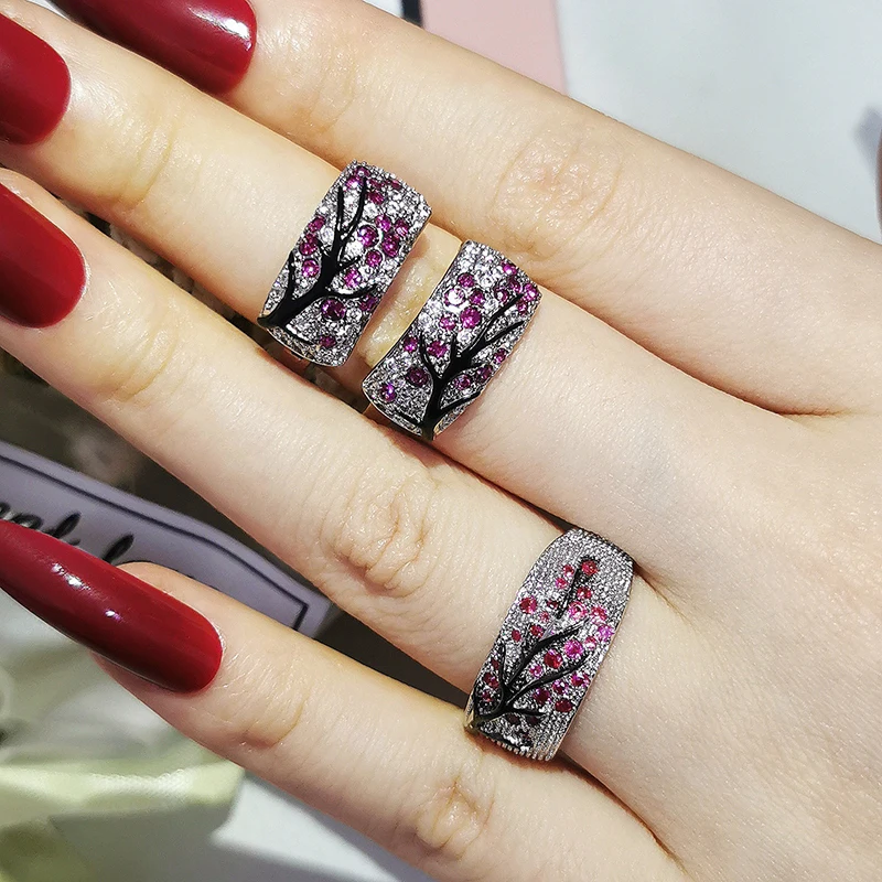 2pcs Pack Luxury Fashion Black Pink Branch Tree silver Bride Jewelry Set For Women Party Gift jewelry set silver jewelry silver jewelry set