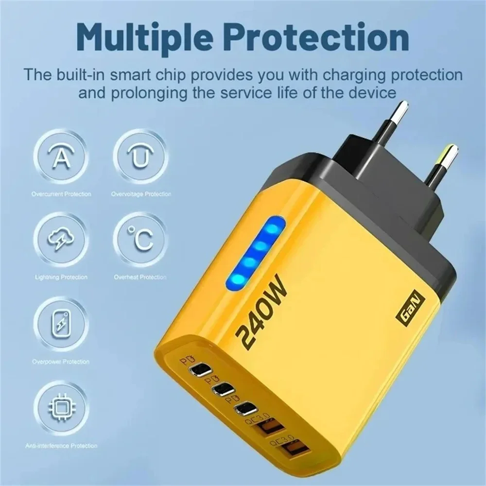 5 Ports Quick Charge QC3.0 USB C PD Fast Charger 240W For iPhone 17 16 15 Samsung Xiaomi Huawei Wall Adapter EU US Phone Charger