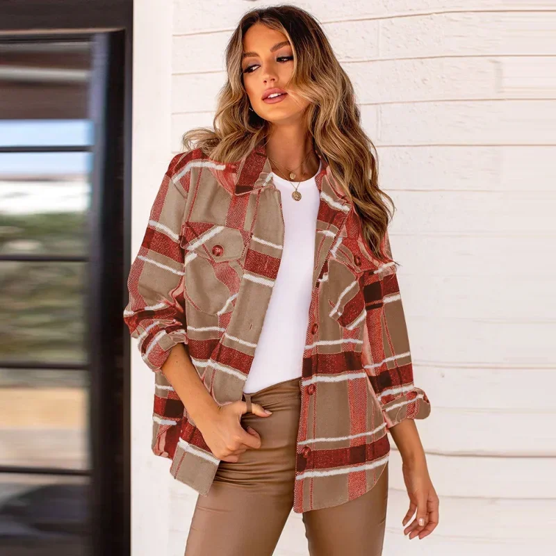 2024 Europe and the United States shirt female spring new fashion casual cardigan jacket Amazon long-sleeved plaid shirt casual