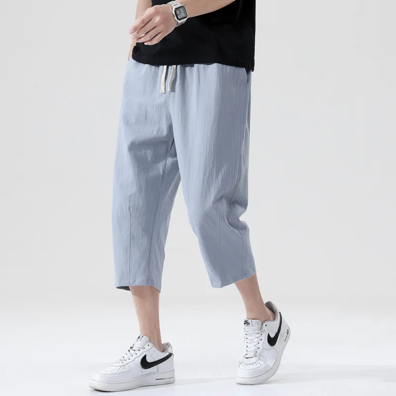 2024 Elegant Fashion Harajuku Slim Fit Ropa Hombre Loose Casual All Match Sports Pants Solid Pockets Cotton Linen Cropped Pants