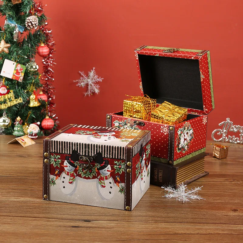 Christmas themed retro leather candy box, mini wooden jewelry box with lock, dust-proof storage for living room and bedroom