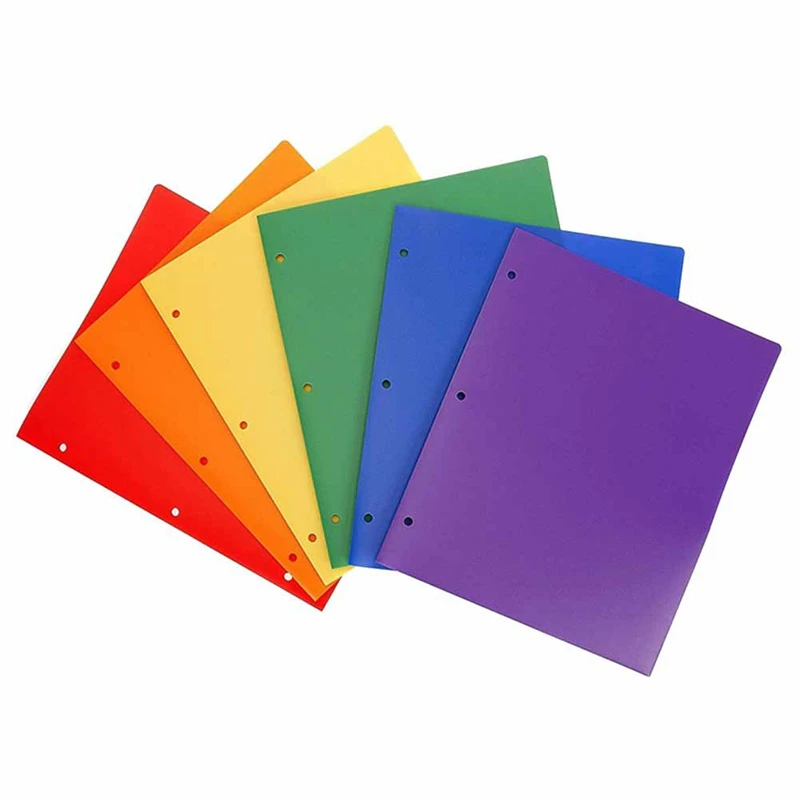 

6 Pack Pocket Folders Sturdy Plastic Portfolio,3 Hole Punch,Plastic Folders Multicolor Business Card Slot