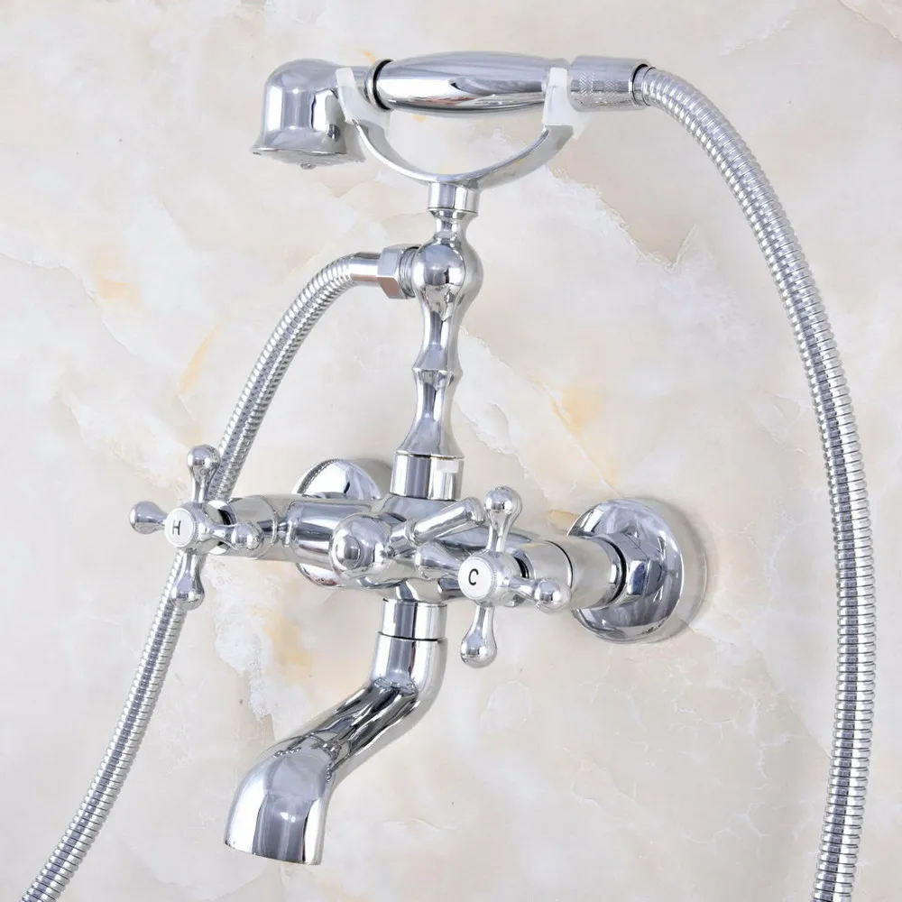 

Polished Chrome Brass Wall Mounted Bathroom Tub Faucet Set WITH/ 1.5M Handheld Shower Spray Head Mixer Tap Dtf854