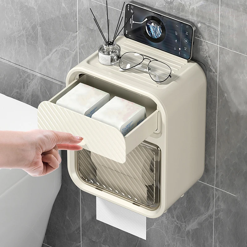 Toilet Tissue Box Light Luxury Bathroom Punch-Free Double Layer Shelf Wall Mounted Roll Paper Drawer Waterproof Storage Holder toilet paper holder bathroom organizer shelf