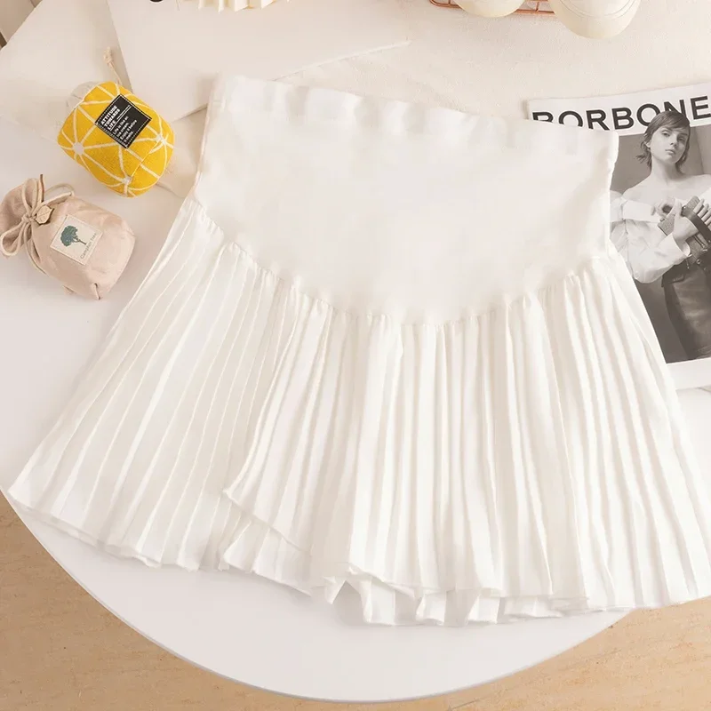 Summer Maternity Belly Skirts Adjustable High Waist Pregnant Woman Mini Skirt with Shorts Lining Irregular Chiffon Pleated Skort