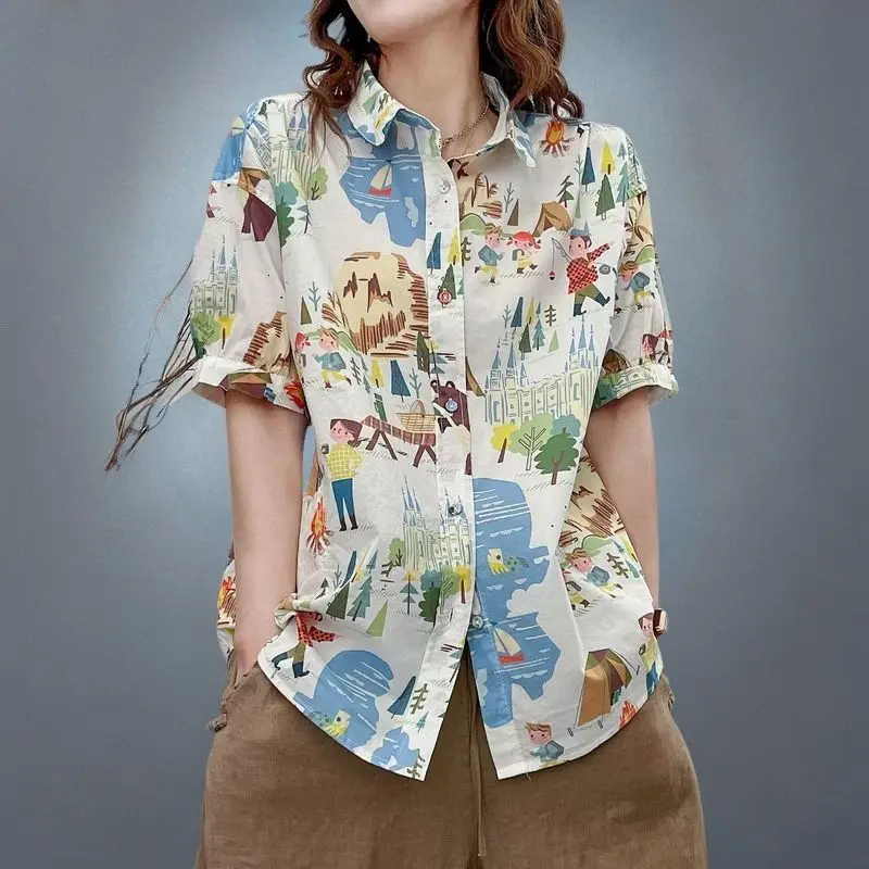 Summer Turn-down Collar Contrast Color Women's Short Sleeve Printing Button Natural Scenery Cardigan Shirt Casual Beach Tops