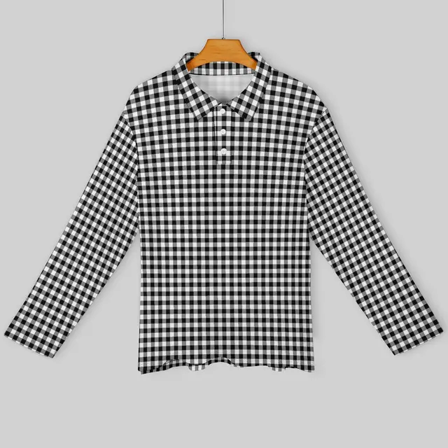 Stylish and versatile Black And White Casual T-Shirts Man Check Print Long Sleeve Polo Shirt