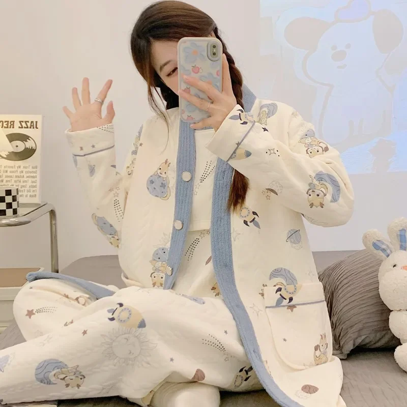 Postpartum Maternity Clothing Set Air Cotton Three-piece Suit Breastfeeding Postpartum Sleepwear Winter Nursing Hospital Gown