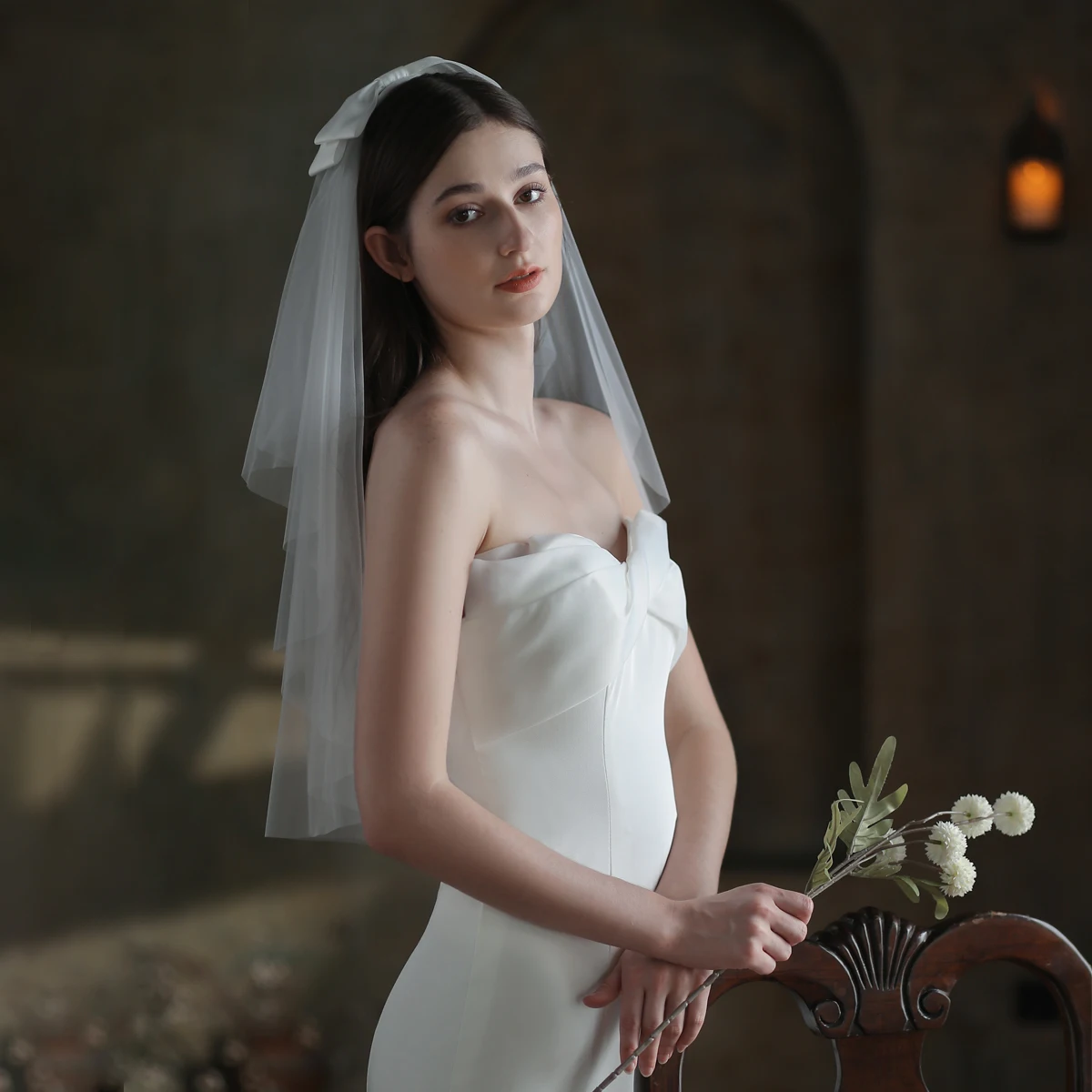 Bridal Veil V848 White Soft Tulle Two-Layer Wedding Bridal Veil of Satin Bow with Hair Comb