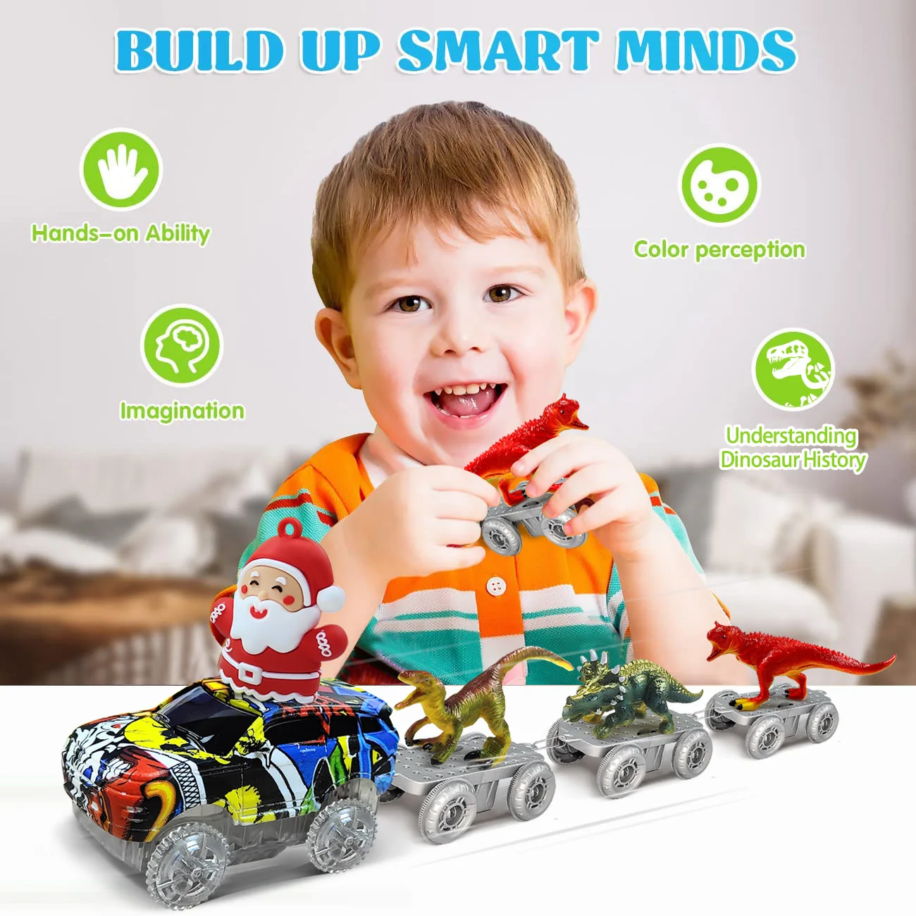 Christmas Dinosaur Toys Create A Dinosaur World Road Race-Flexible Track Santa Claus Car for 3 4 5 6 Year Up Old Boy Girls Gift