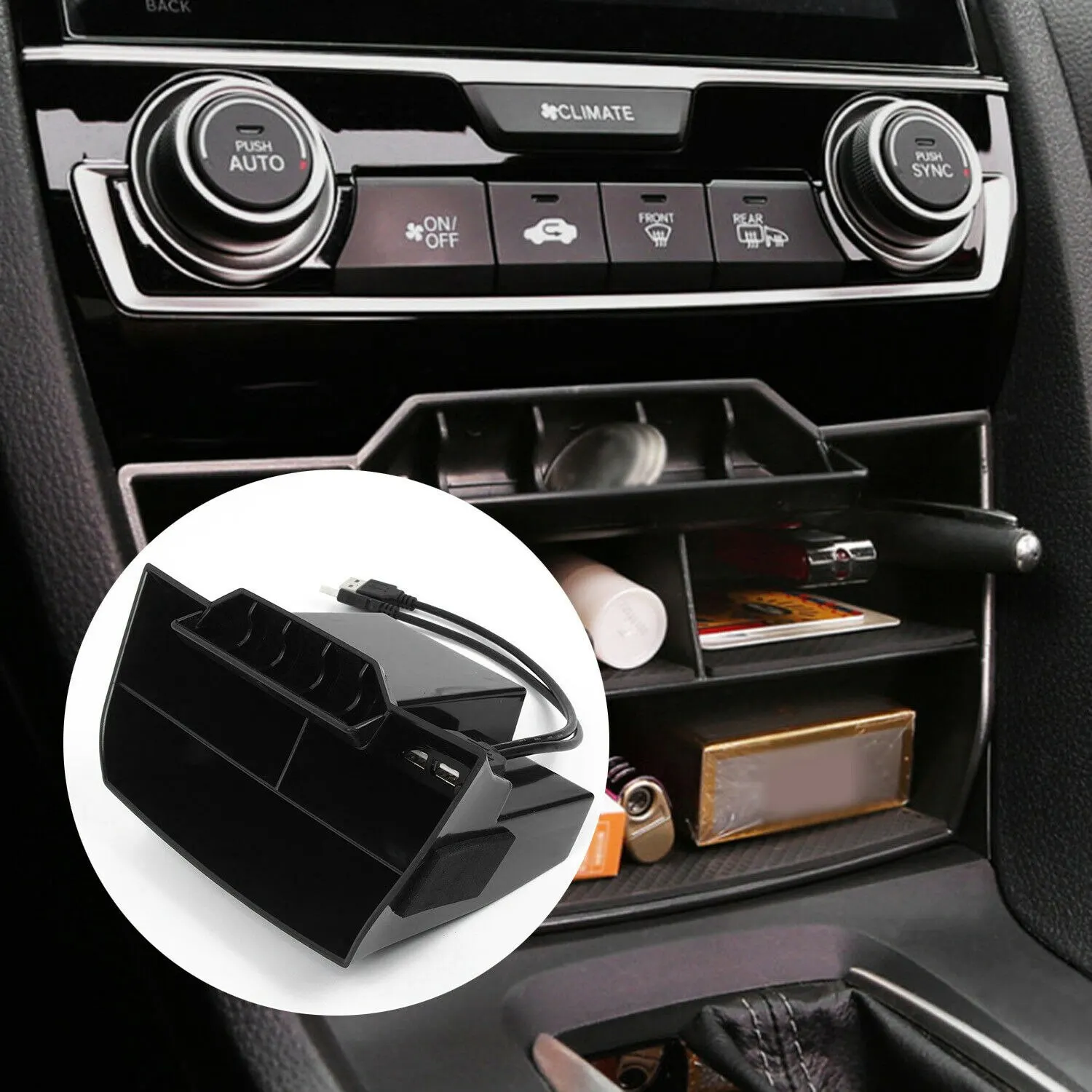 Honda Civic 2016 2017 2018 2019 인테리어 액세서리 자동차 블랙 ABS 내부 콘솔 USB Port-X59A가있는 중앙 보관함