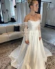 Qunque Strapless Satin Wedding Dress A-Line Boho Pleat Train Bridal Gowns Customized Detachable Long Lace Sleeves Bride Dresses 2