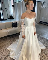 Qunque Strapless Satin Wedding Dress A-Line Boho Pleat Train Bridal Gowns Customized Detachable Long Lace Sleeves Bride Dresses 2