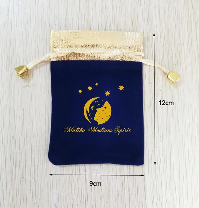 100 Pieces 9x12cm Gold Opening Drawstring Blue Velvet Bags Jewelry Pouches Printed With Gold Color Logo On One Side beadtales 10pcs lot 7x9cm 9x12cm gold color red velvet fabric drawstring pouches bags for jewelry christmas gifts package