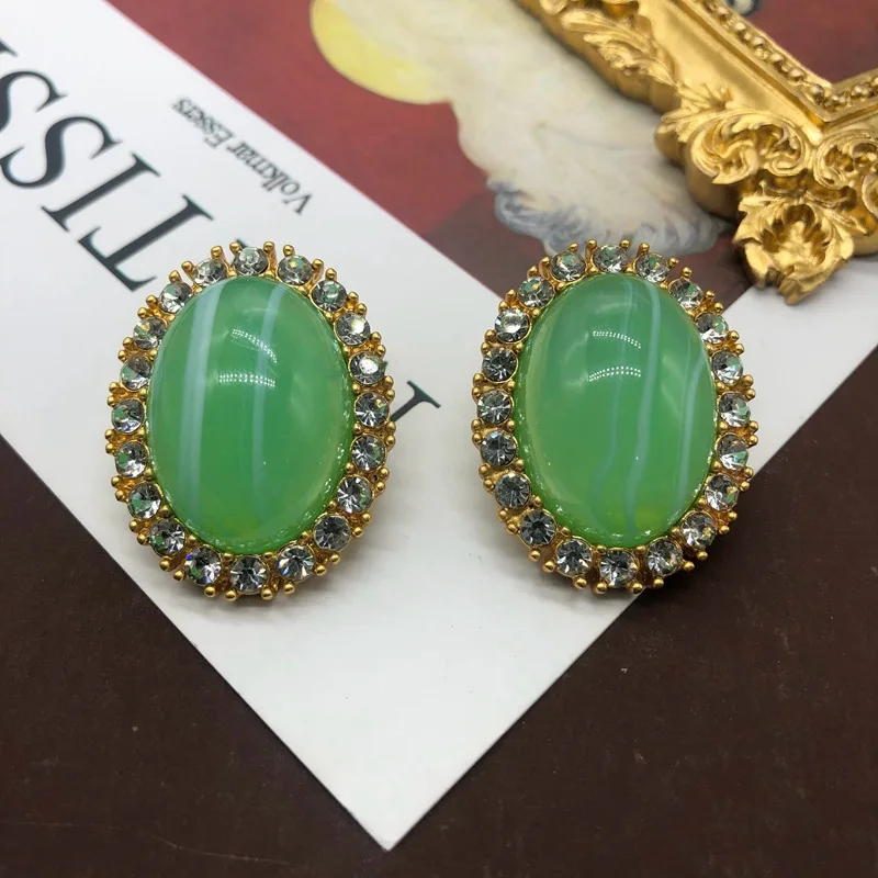 French vintage luxurious green striped sunflower brooch and cloud patterned earrings