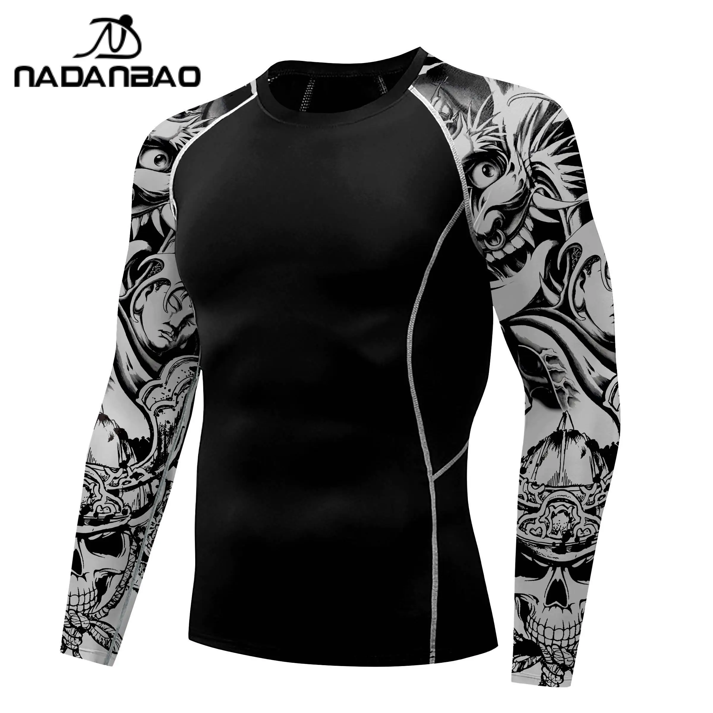 Nadanbao Men Long Sleeve Fashion Surfing Wetsuit Skull Print Fitness Swimsuits Beach Swimwear Black Surfing Beachwear Top