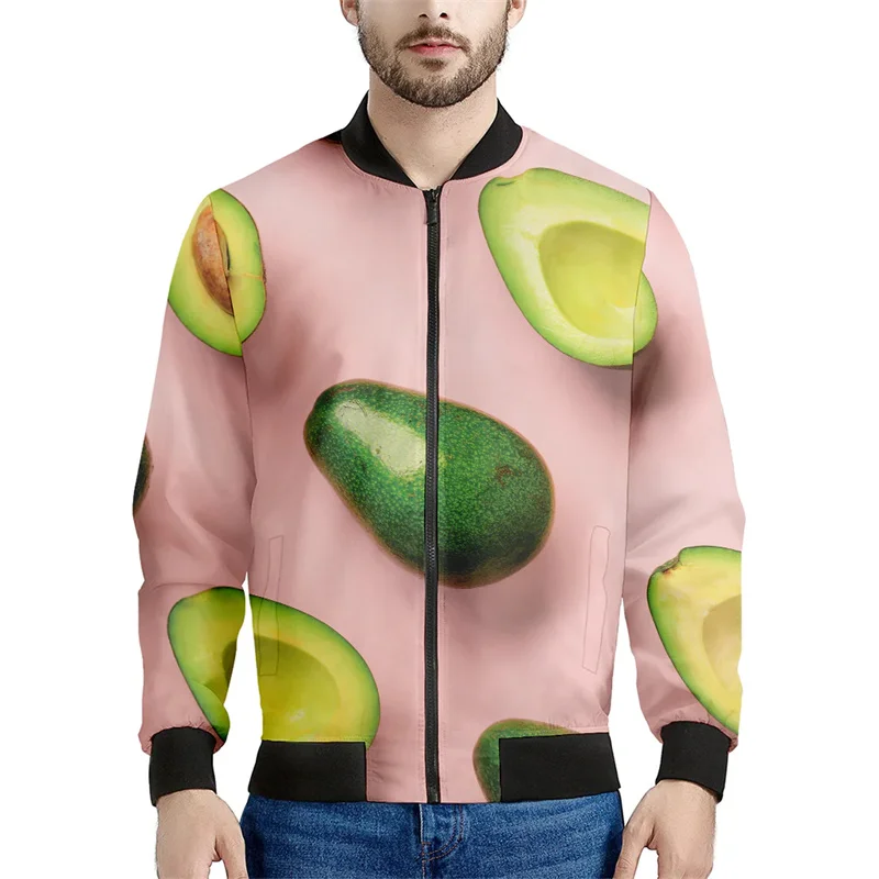 thumbnail image 1 of Chaqueta con cremallera y estampado de aguacate para hombre, chaqueta con estampado 3D de frutas, chaqueta informal de calle con cremallera, sudadera de manga larga tipo bombardero, 1 of 5