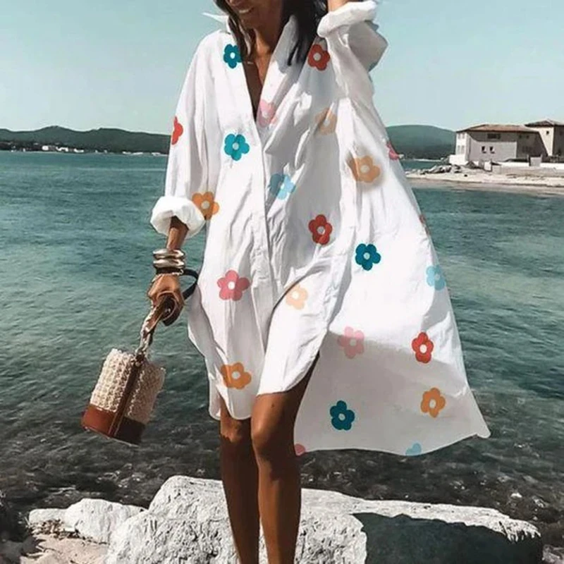

Irregular Shirt Dress Women V Neck Button Print Dress Casual Elegant Long Sleeves Loose Sexy Beach Party Dresses New Fall Summer