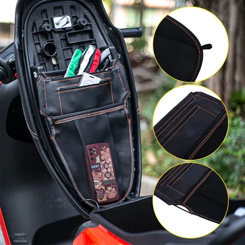 Borsa da sella per scooter per moto, portaoggetti per attrezzi, secchiello per sedile per moto, borsa per articoli vari, cerniera, accessori per la modifica in pelle PU