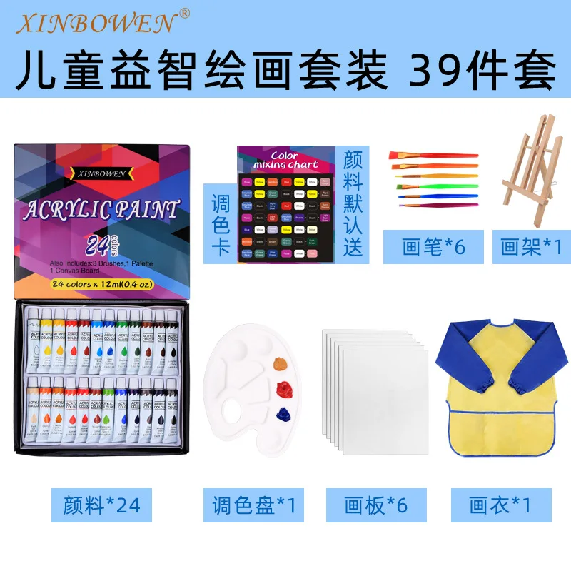 39 Pcs Art Painting Kit Supplies Set for Kids to Party Paint Brushes Acrylic Paints Wood Easels Canvas Panels Palettes Aprons