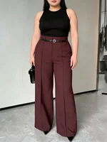 Plus Size Women's Pants High Waist Belted Solid Pintuck Wide Leg Bottoms Elegant Spring Summer Office Stretchy Bottoms