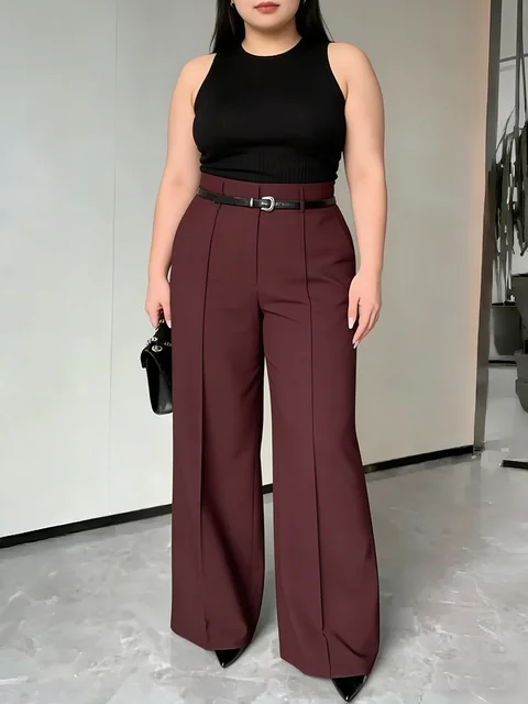 Plus Size Women's Pants High Waist Belted Solid Pintuck Wide Leg Bottoms Elegant Spring Summer Office Stretchy Bottoms