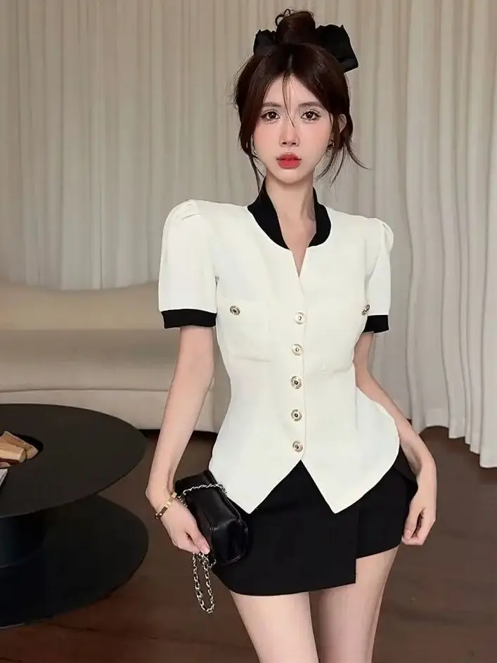 Korea Shirt Cardigan Buttons Women Patchwork All-Match Contrast Color Fashion Temperament Summer