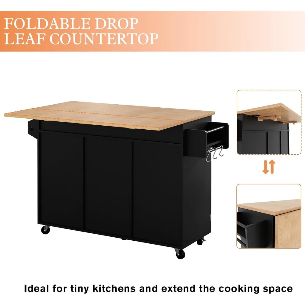 Kitchen Island On Wheels, Rolling Kitchen Island Cart with Drop Leaf Countertop, Barn Door Table