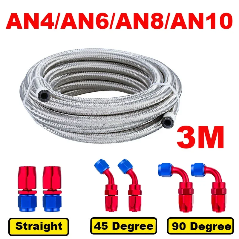 

10FT 3M AN4 AN6 AN8 AN10 Fuel Hose Oil Gas Cooler Hose Line Pipe Tube Stainless Steel Braided Inside CPE Rubber + 6 End Adapters